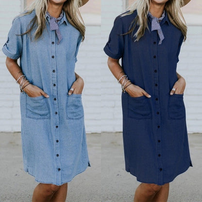 Women Solid Denim Lapel Short Sleeve Button Pocket Loose Casual Dress