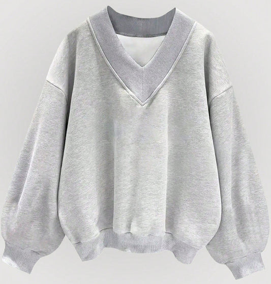 Sudadera informal holgada de manga corta con cuello en V para mujer