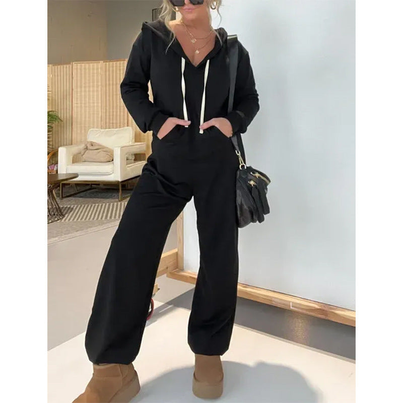 Women Fashion Casual Solid Color Long Sleeve Hoodie Jumpsuits