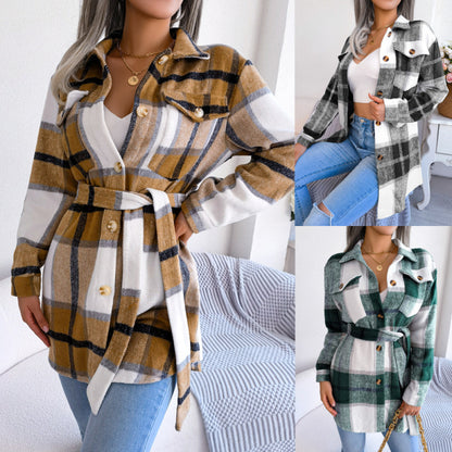 Autumn Winter Women Fashion Casual Color Block Plaid Long Sleeve Strap Thickened Woolen Jacket