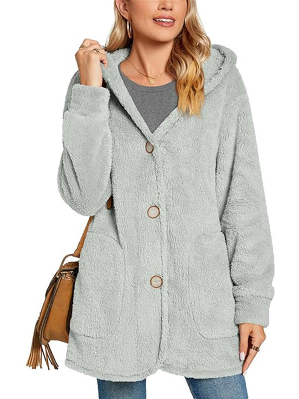 Cárdigan informal con capucha y bolsillos abotonados de felpa para mujer de invierno