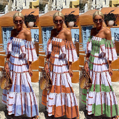 Summer Women Casual Stripe Off Shoulder Short-Sleeved Ruffle Boho Vacation Maxidress