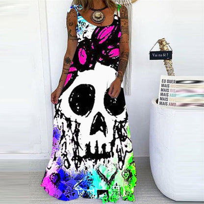 Casual Boho Stlye Women Halloween Skull Print Loose Maxi Dress