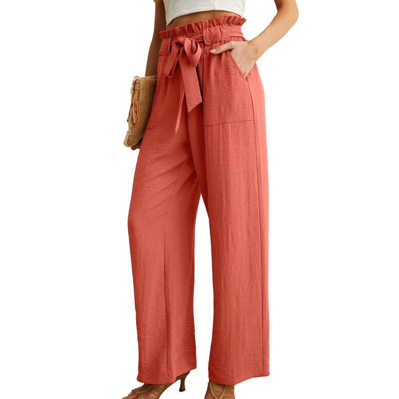 Women Fashion Casual Solid Color Pocket Lace-Up Wide Leg High Waist Pants