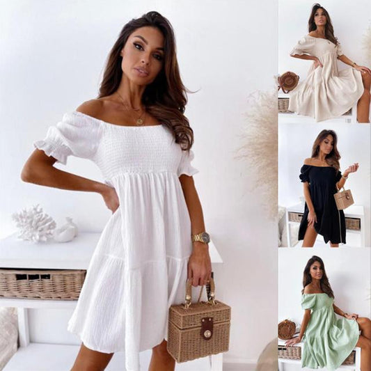 Vestido plisado informal de manga corta y cintura ajustada de color liso para mujer