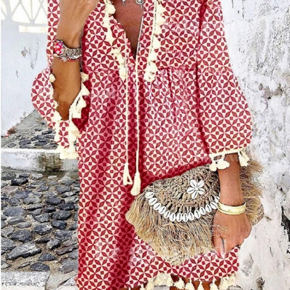 Women Vintage V Neck Tassel Elegant Floral Print Short Sleeve Mini Summer Casual Beach Dress