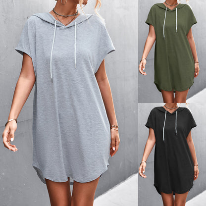 Summer Athleisure Women'S Casual Basic Hooded Solid Color Short Sleeve Dress