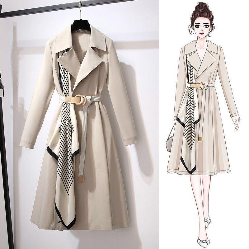 Women Fashion Casual Solid Color Silk Scarf Belt Long Sleeve Coat Jacket
