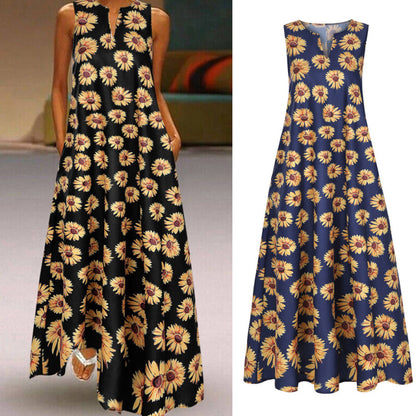 Women Boho Sunflower Printed Sleeveless Casual V-Neck Loose Vacation Maxi Dress