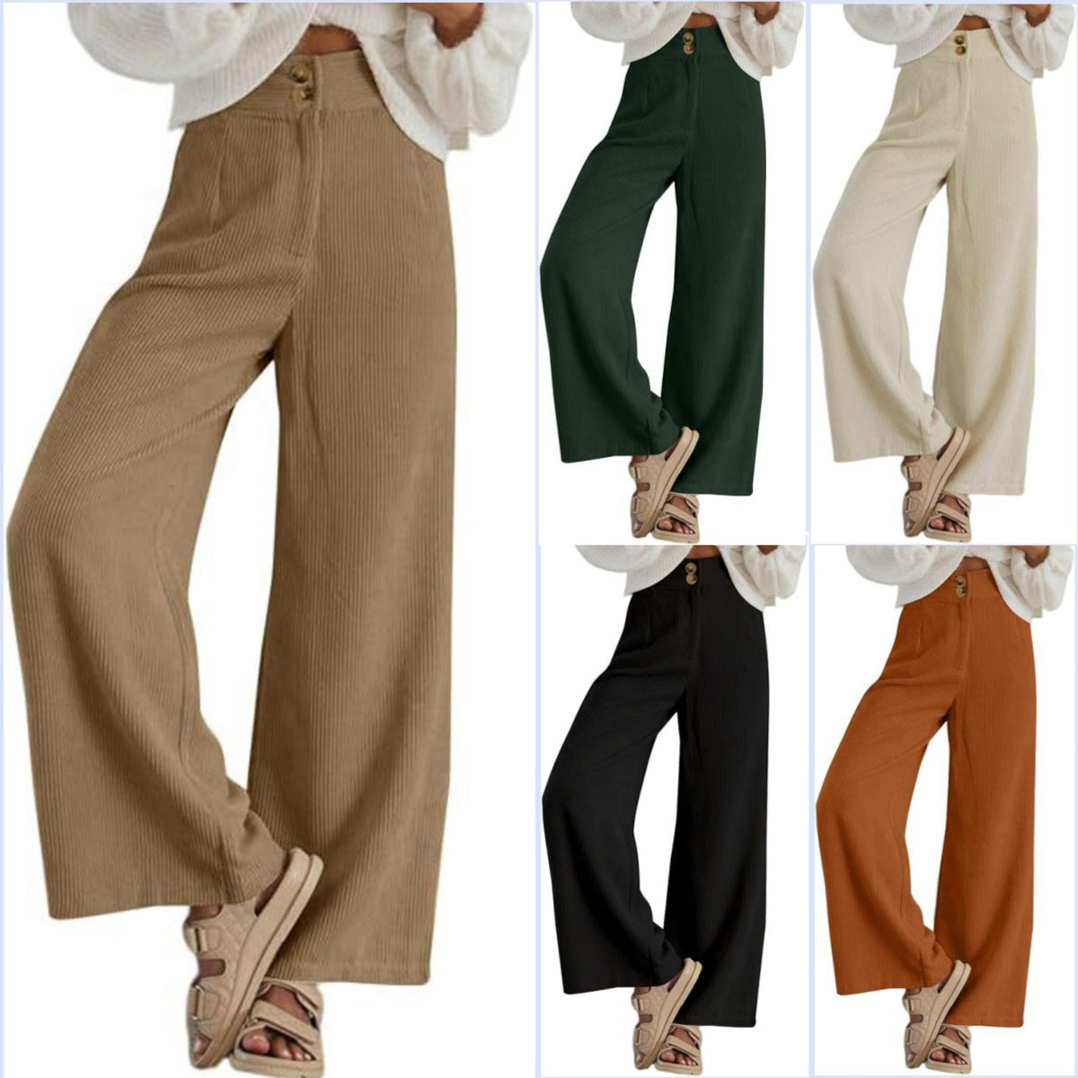 Pantalones casuales elásticos de pana con doble botón para mujer de otoño e invierno