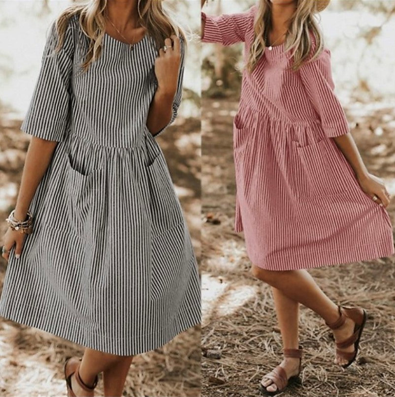 Women Round Neck Stripe Pocket Loose Casual Dress