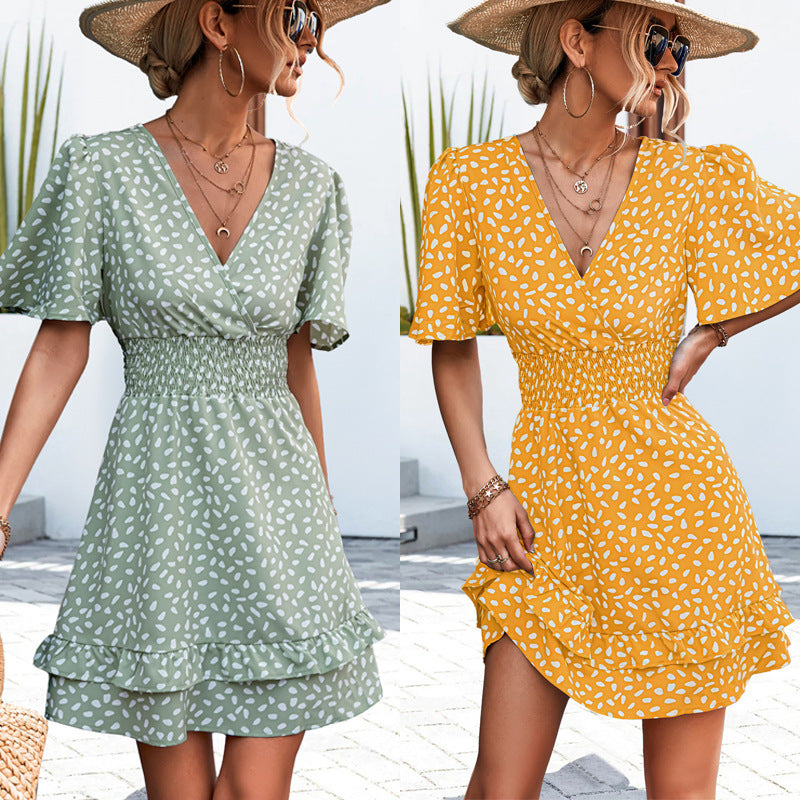 Vestido informal de verano para vacaciones, sexy, con escote en V, mangas abullonadas y cintura definida