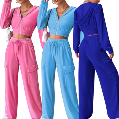 Women Casual Solid Color Long-Sleeved Zipper Top Drawstring Straight Pants Two-Piece Set