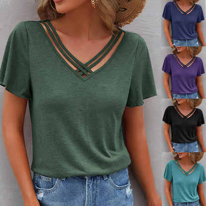 Camiseta informal de verano para mujer, con cuello en V y manga corta