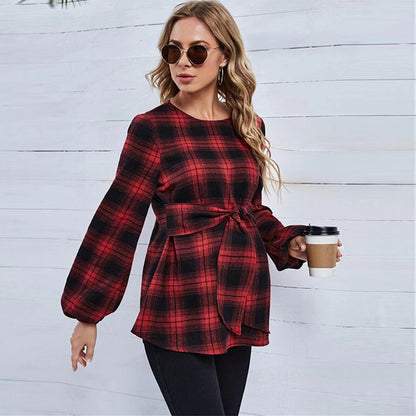 Pregnant Women Casual Plaid Lantern Sleeve Maternity Clothes Top