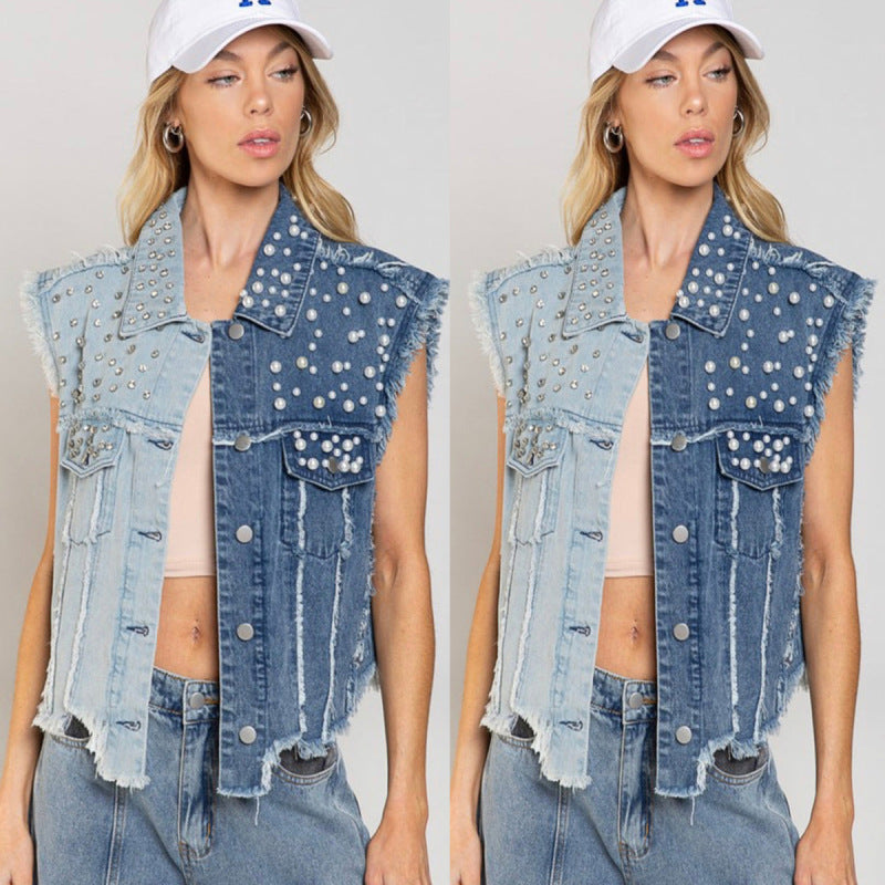 Chaleco vaquero con perlas y costuras informales a la moda para mujer Y2K