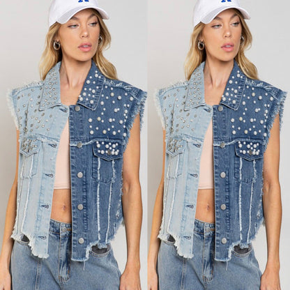 Chaleco vaquero con perlas y costuras informales a la moda para mujer Y2K