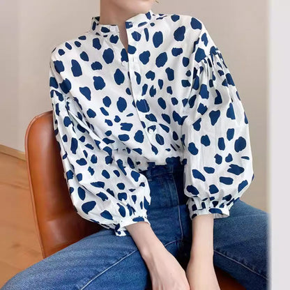 Blusa informal de moda para mujer con estampado de lunares, mangas abullonadas y botonadura sencilla