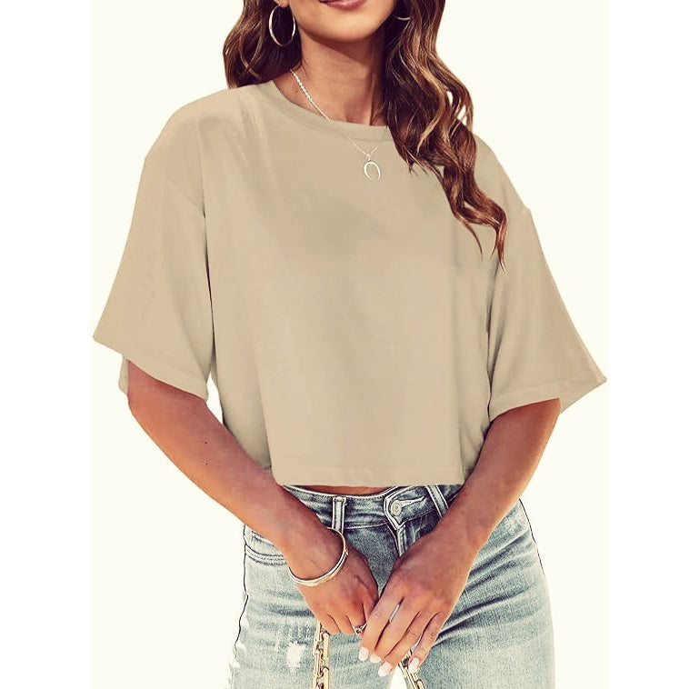 Camiseta básica informal de media manga con estampado de color liso para mujer