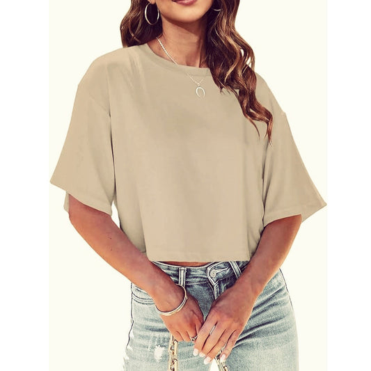 Camiseta básica informal de media manga con estampado de color liso para mujer