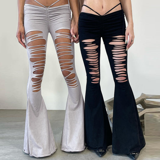 Pantalones acampanados con cordones de color liso y huecos informales a la moda para mujer