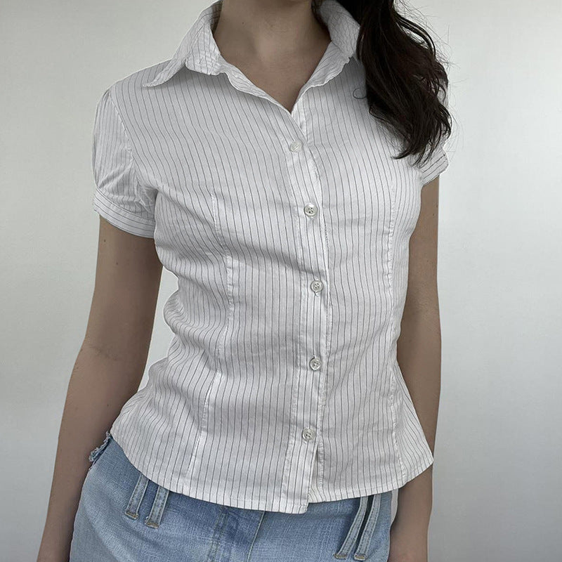 Camisa informal de verano para mujer con solapa y rayas de manga corta
