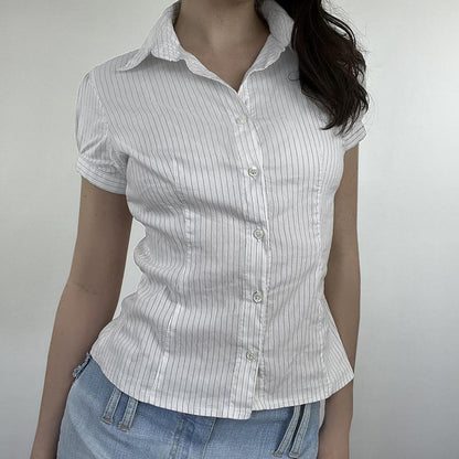 Camisa informal de verano para mujer con solapa y rayas de manga corta