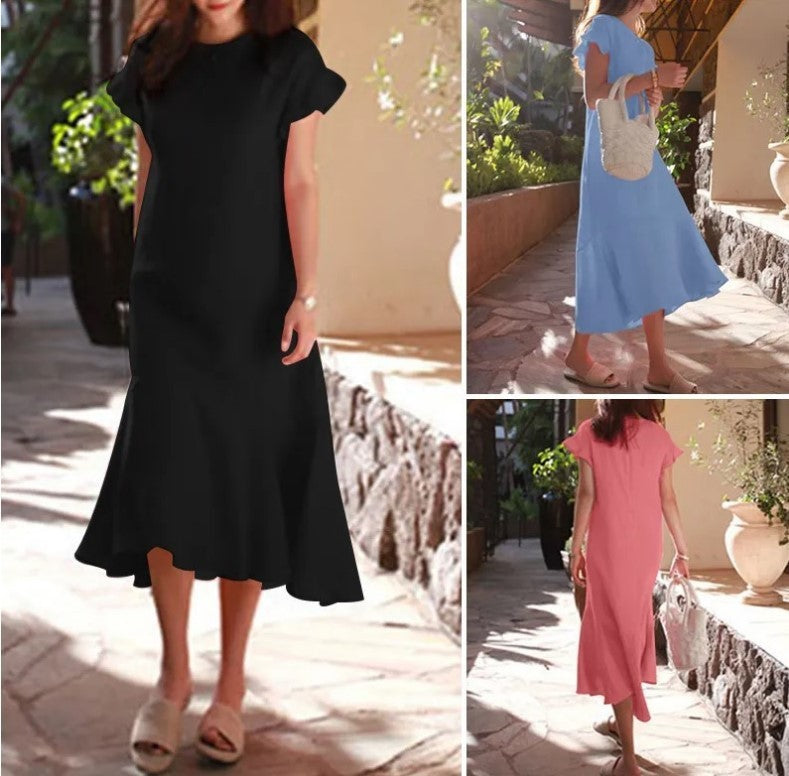 Vestido midi informal de verano para mujer, de manga corta, cuello redondo, color liso, con volantes y cola de pez