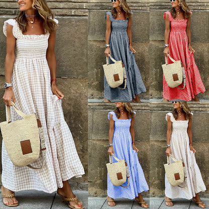 Women Fashion Casual Vacation Boho Plaid Pattern Ruffled Maxi Dress
