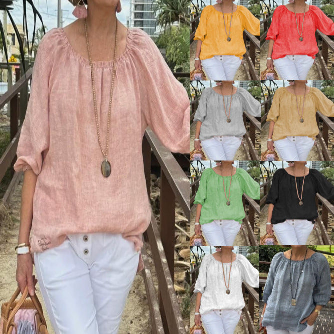 Women Casual Solid Color Round Neck Cotton Linen Plus Size Top