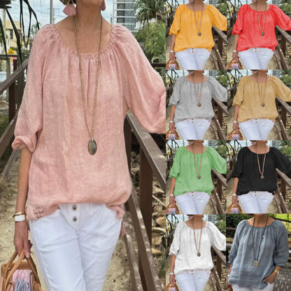 Women Casual Solid Color Round Neck Cotton Linen Plus Size Top