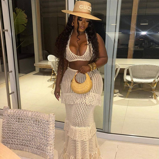 Conjunto de falda larga playera con borlas y cuello halter de lana de color liso sexy informal para mujer estilo bohemio