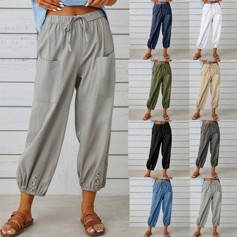 Plus Size Casual Women Loose High Waist Button Cotton Cropped Pants