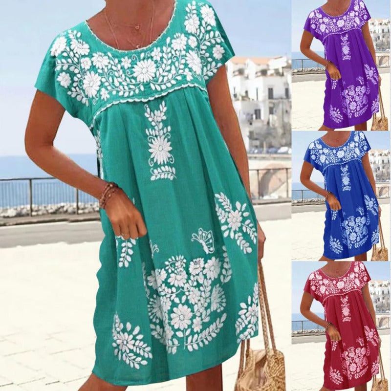 Vestido holgado informal bohemio de manga corta con estampado floral y cuello redondo para mujer