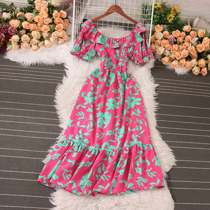 Women Vacation Casual Retro Multicolor Square Neck Printed Waist Puff Sleeve Dress