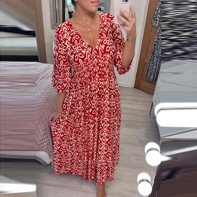 Casual Fashion Women Floral V Neck Loose Maxi Dress