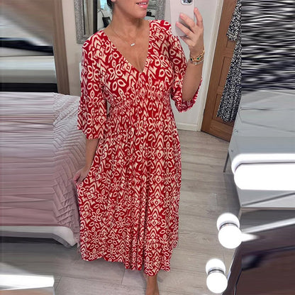 Casual Fashion Women Floral V Neck Loose Maxi Dress