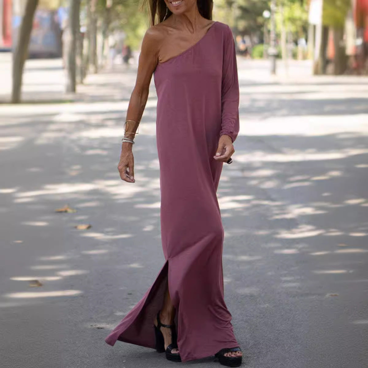 Women Casual Solid Color Loose One Sleeve Maxi Dress