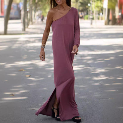 Women Casual Solid Color Loose One Sleeve Maxi Dress