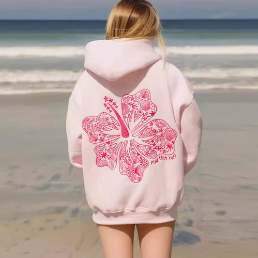 Sudadera con capucha holgada informal con estampado floral para mujer de talla grande