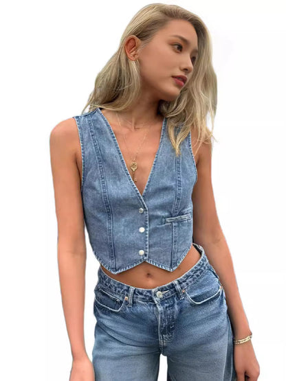 Women Fashion Casual V-Neck Denim Vest