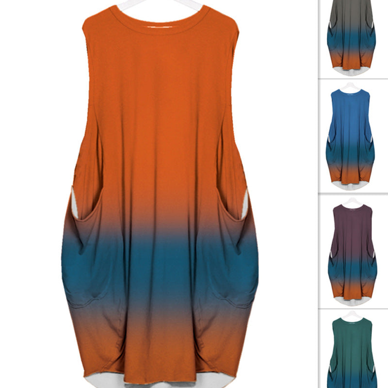 Women Casual Gradient Color Printed High Waist Plus Size Sleeveless Dress