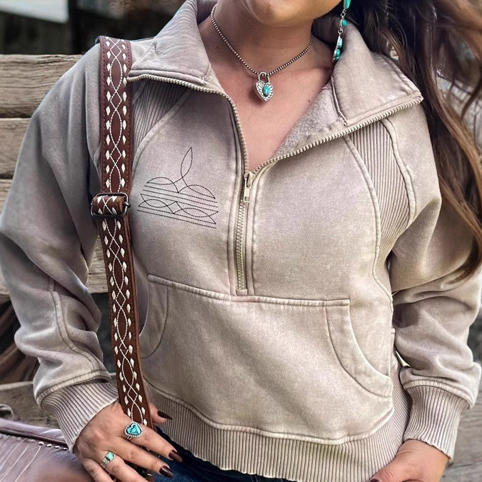 Sudadera informal con solapa estampada y manga larga con cremallera y costuras para mujer