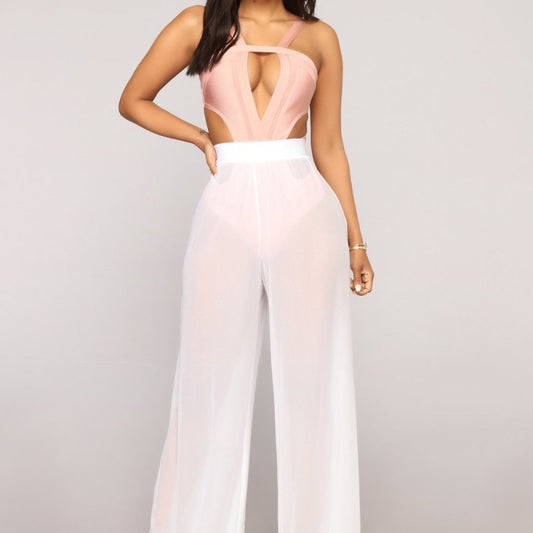 Pantalones anchos informales transparentes de malla lisa y sexy para mujer
