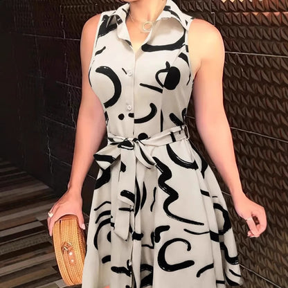 Women Fashion Casual Printed Lapel Sleeveless Lace-Up Dress
