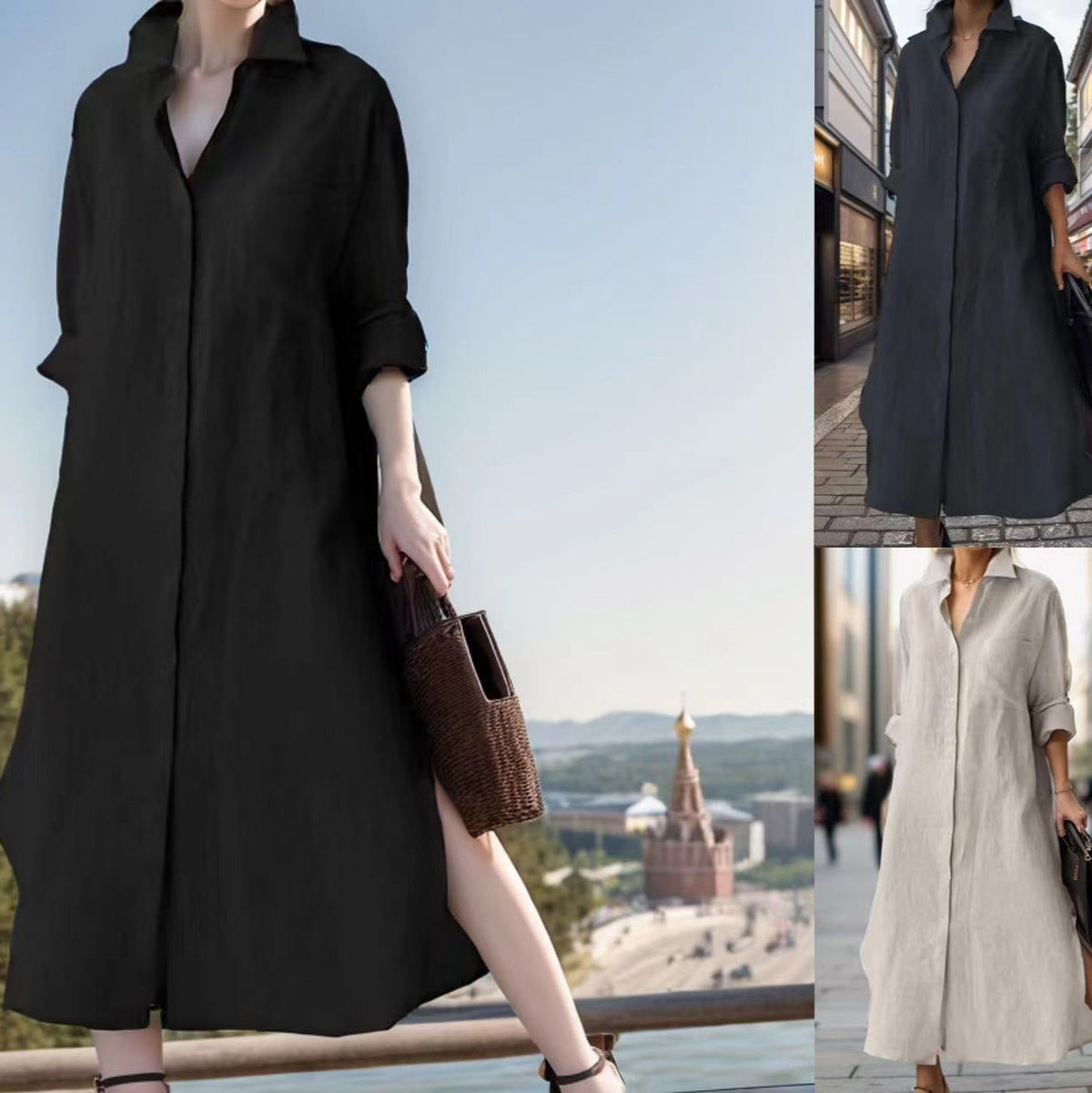Women Casual Loose Irregular Split Cotton Linen Long Sleeve Dress
