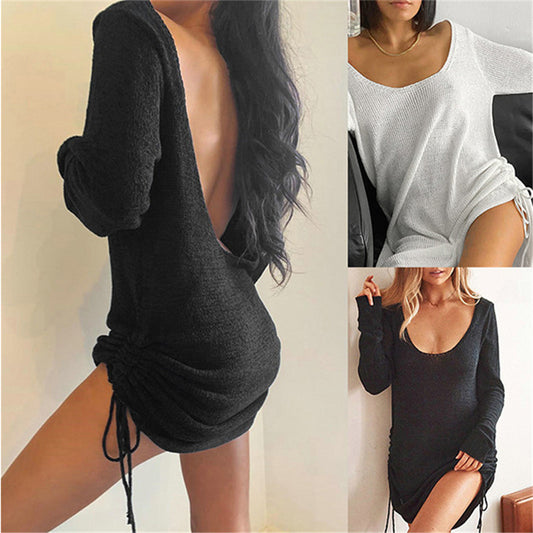 Women Autumn Casual Basic U-neck Drawstring Solid Color Backless Knitted Mini Dress