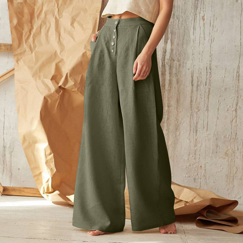 Women Solid Color Casual High Waist Buttoned Cotton Linen Wide Leg Pants