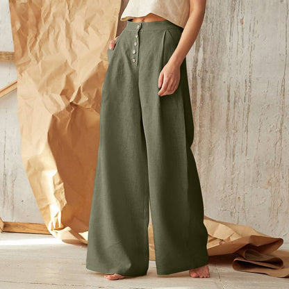 Women Solid Color Casual High Waist Buttoned Cotton Linen Wide Leg Pants
