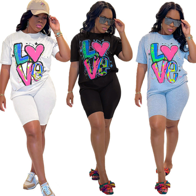 Casual Women Love Letter Print Short Sleeve T-Shirt And Shorts Set